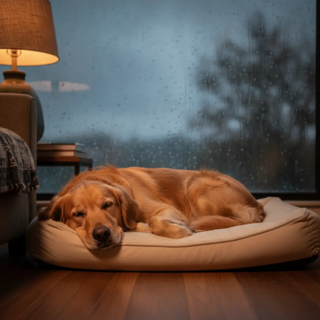 Chien calme et détendu sur son coussin pendant un orage, résultat recherché avec un complément apaisant