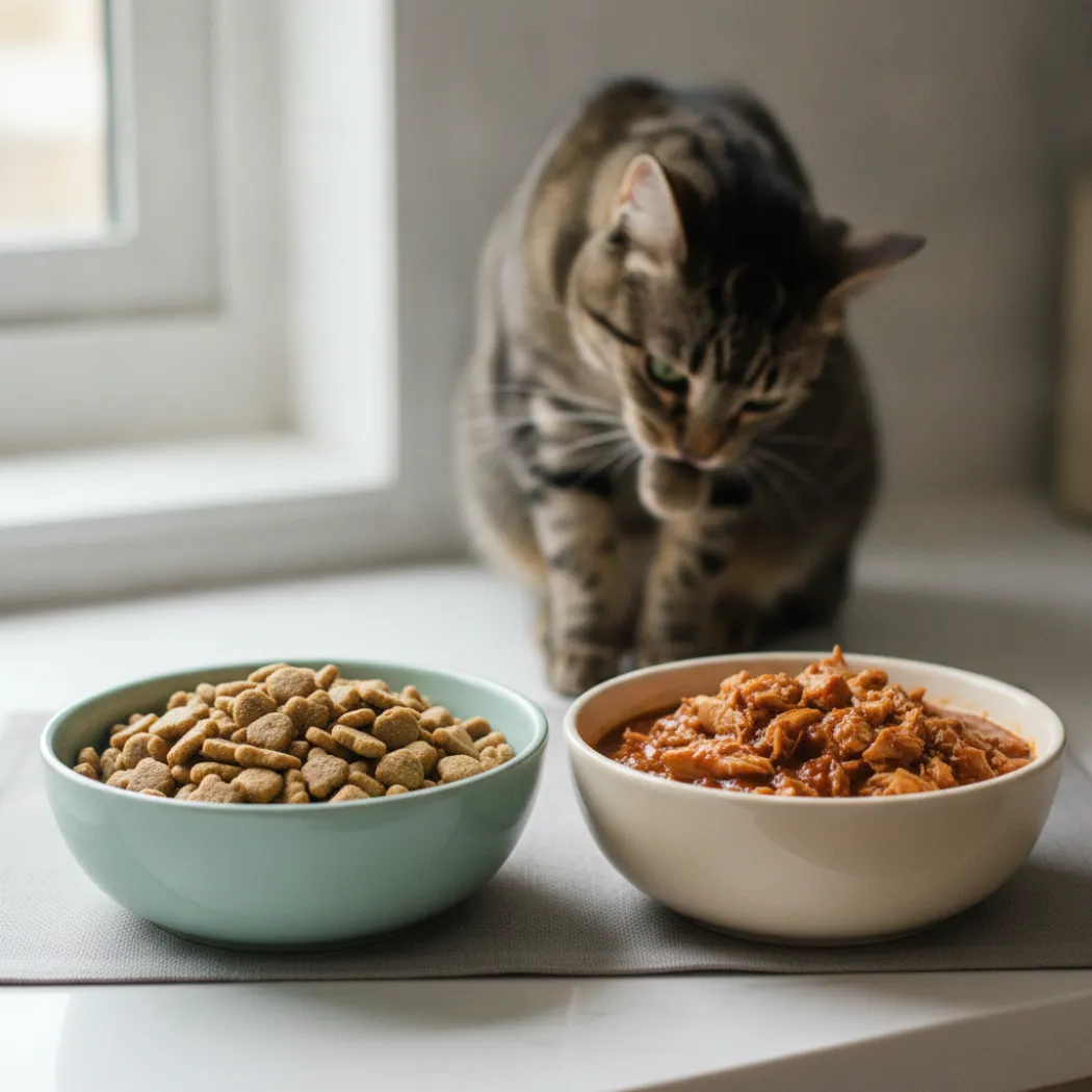 Bi-nutrition Caats pour chat stérilisé : croquettes sans céréales et pâtée humide côte à côte