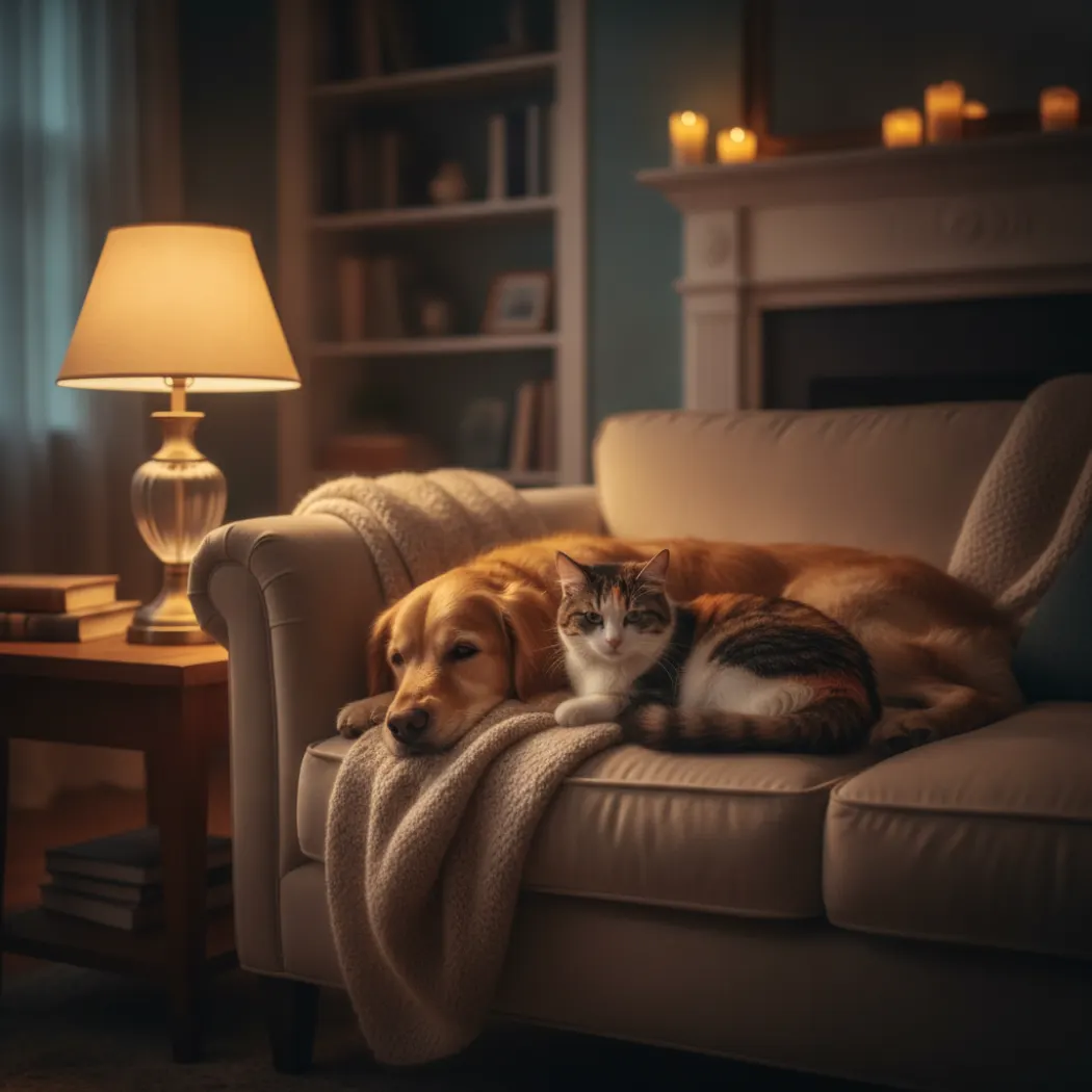 Chien et chat détendus ensemble le soir dans un salon chaleureux, illustrant l'effet apaisant prolongé
