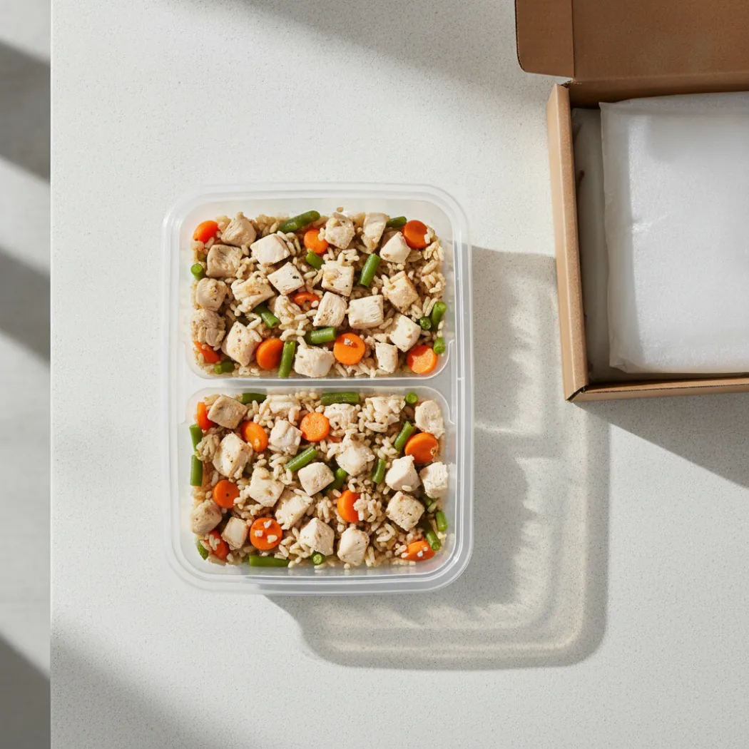 Repas frais Dog Chef portionné avec poulet, riz et légumes, livré dans une box réfrigérée