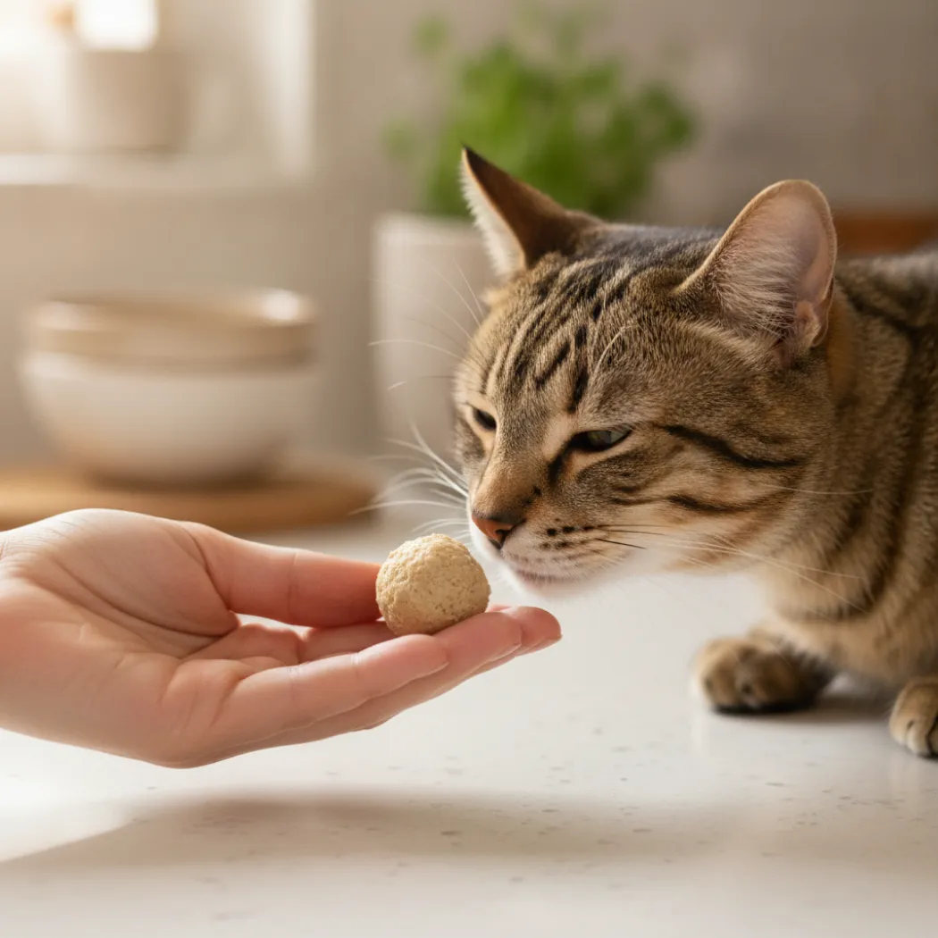 Main proposant une boulette appétente d'Easypill Smectite à un chat pour sa diarrhée