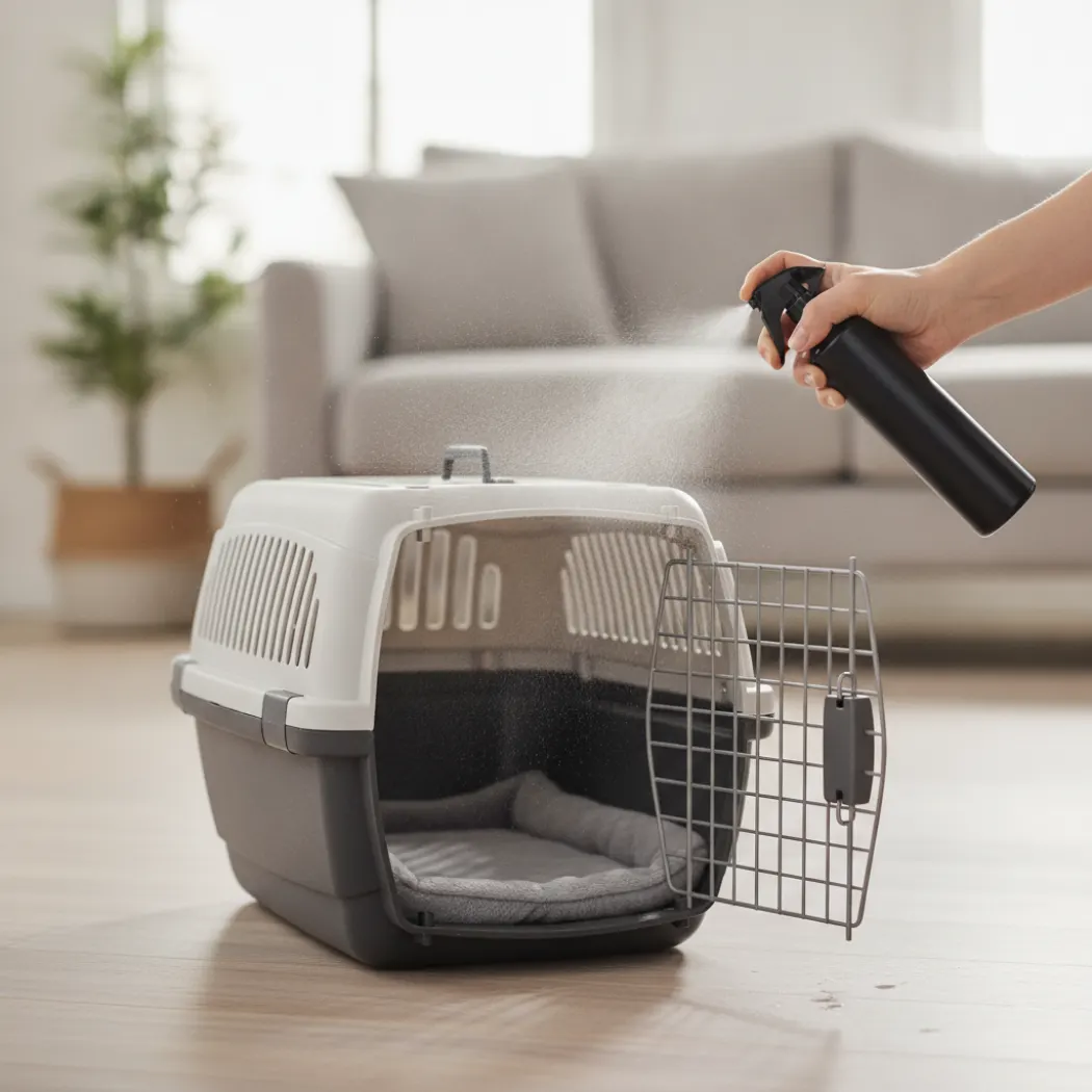 Vaporisation du Feliway dans une caisse de transport vide, la bonne méthode d'utilisation, jamais sur le chat