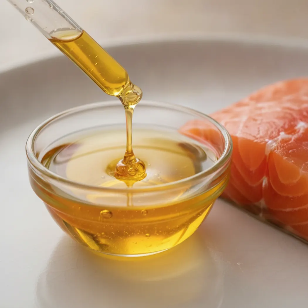 Huile de saumon dorée et filet de saumon riches en oméga-3 EPA et DHA pour le pelage du chat