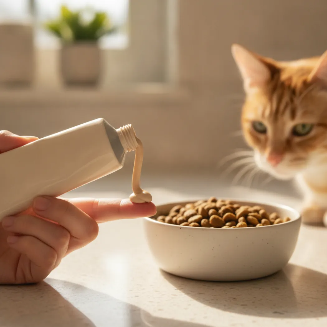 Pâte de soutien digestif GimCat pressée sur un doigt près de la gamelle d'un chat