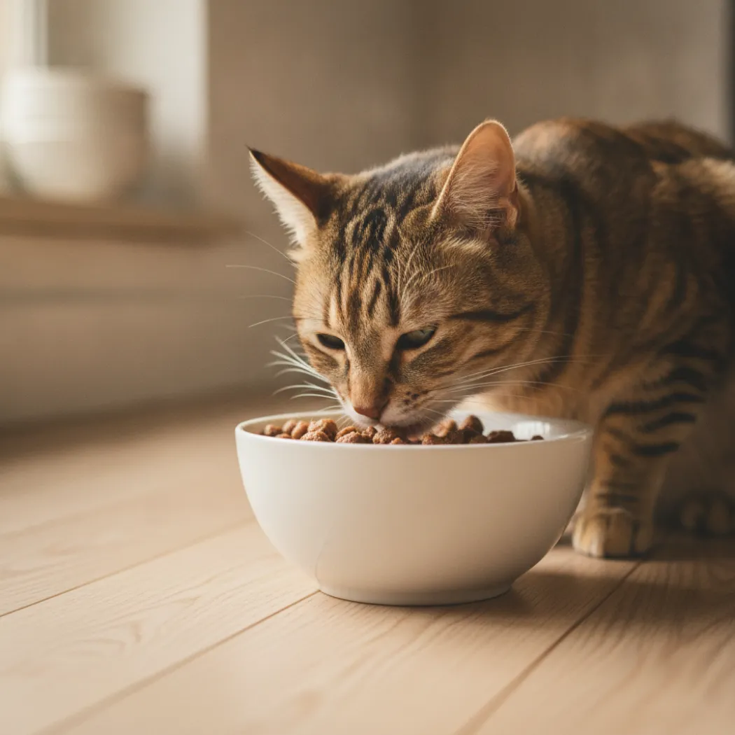 Chat tigré mangeant la pâtée Hill's Gastrointestinal Biome dans une gamelle blanche