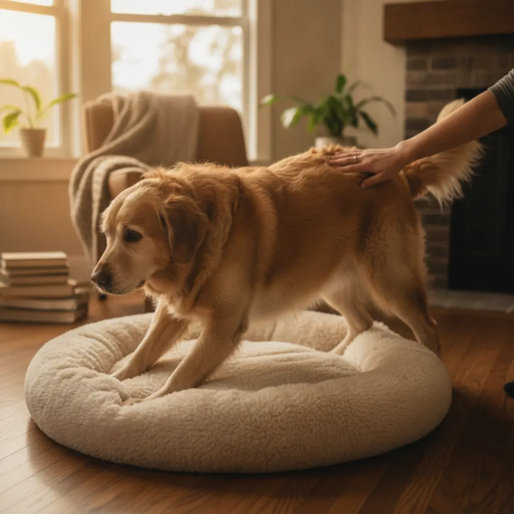 Chien senior se levant lentement, raideur articulaire soutenue par la main de son maître, contexte arthrose