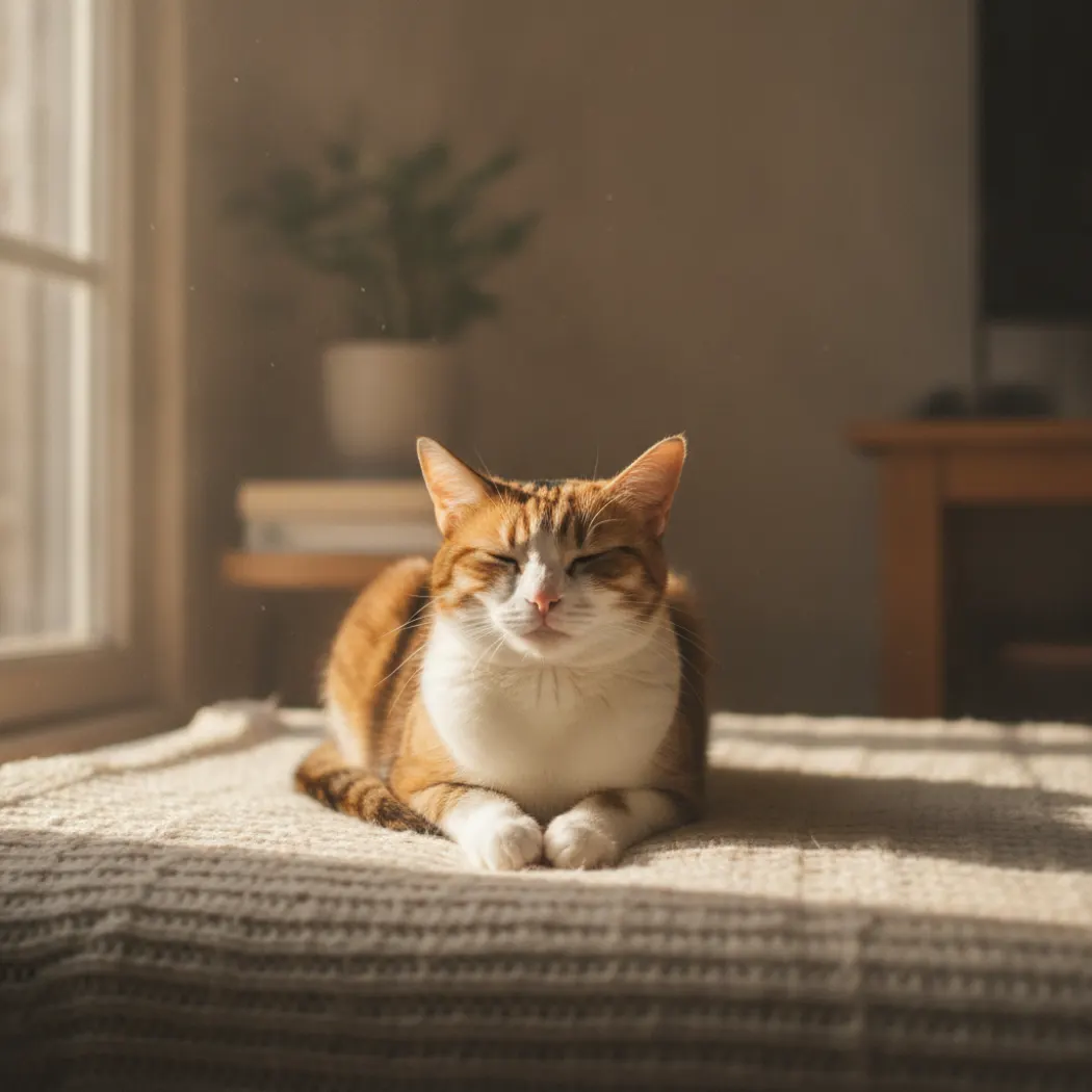 Chat détendu au repos près d'une fenêtre ensoleillée, illustrant l'apaisement recherché