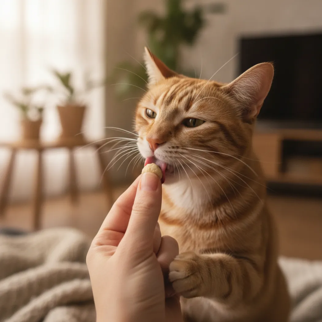 Chat tigré prenant une boulette de pâte appétente MyGellies cachant un comprimé de la main de son propriétaire
