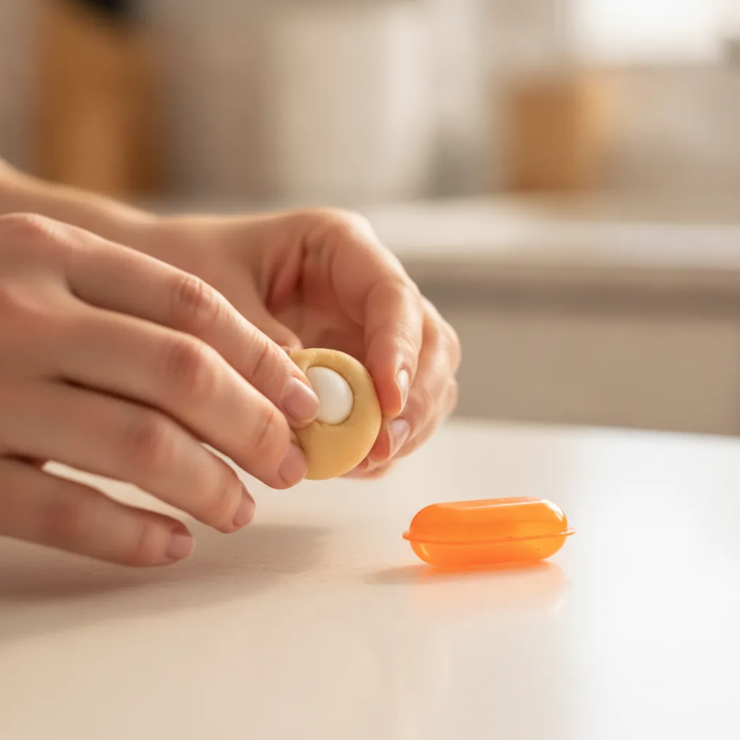 Mains enrobant un comprimé blanc dans une boulette de pâte appétente MyGellies pour chien