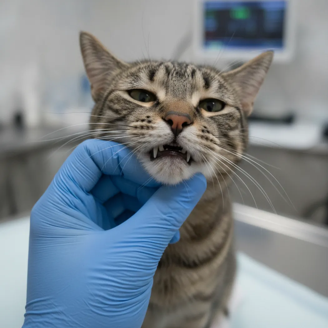 Vétérinaire examinant les gencives rouges et enflammées d'un chat lors d'un bilan bucco-dentaire