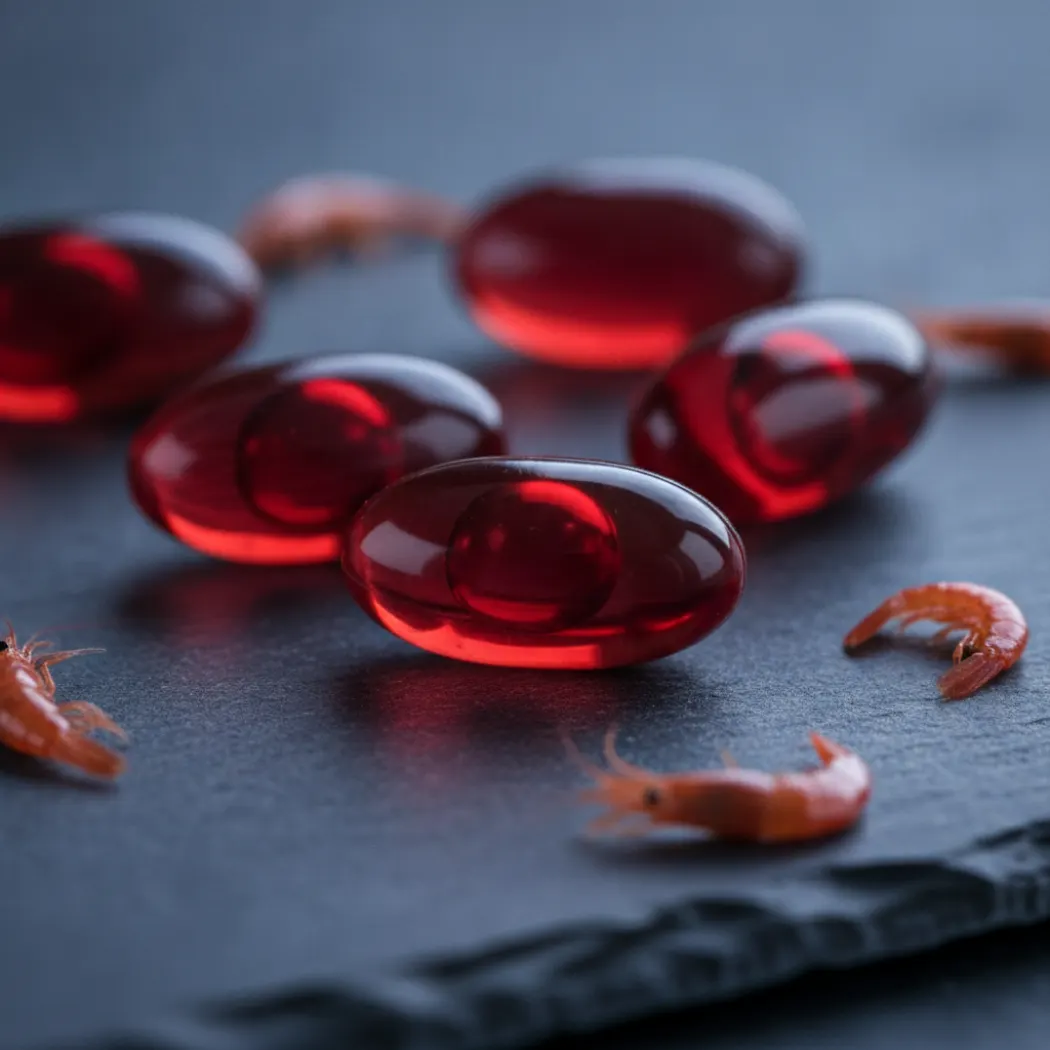 Gélules rouges d'huile de krill riches en oméga-3 phospholipides et astaxanthine, avec du krill Euphausia superba