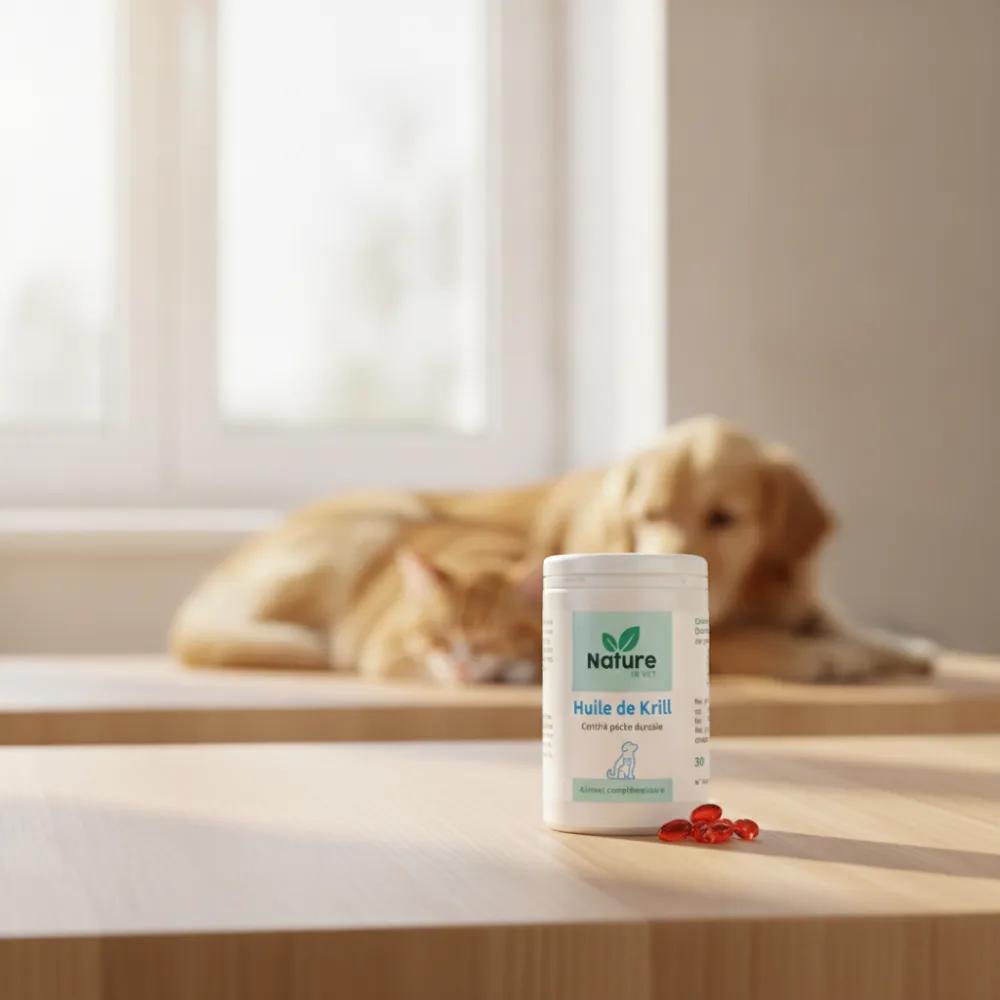 Pot d'huile de krill NatureinVet et gélules rouges pour chien et chat posés sur une table