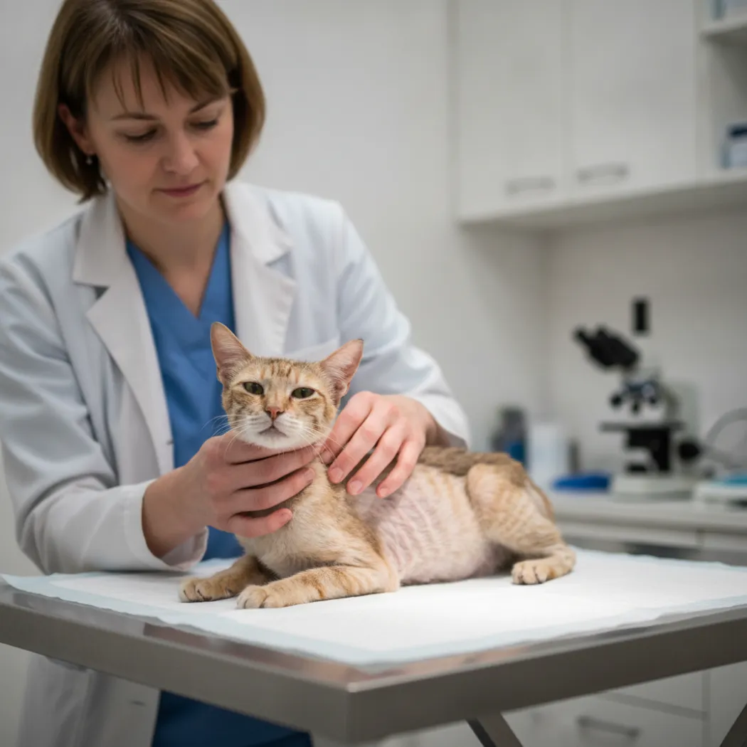 Vétérinaire examinant un chat âgé amaigri et palpant la région de la thyroïde lors d'une consultation