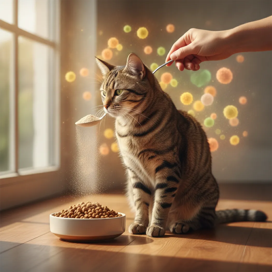 Poudre probiotique Peticare petCat saupoudrée sur les croquettes d'un chat pour soutenir sa flore intestinale