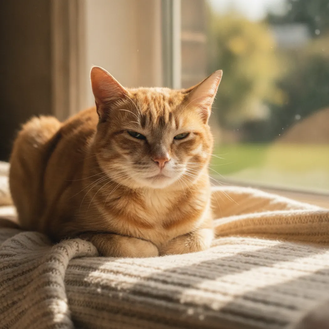 Chat senior au museau grisonnant reposant paisiblement près d'une fenêtre ensoleillée