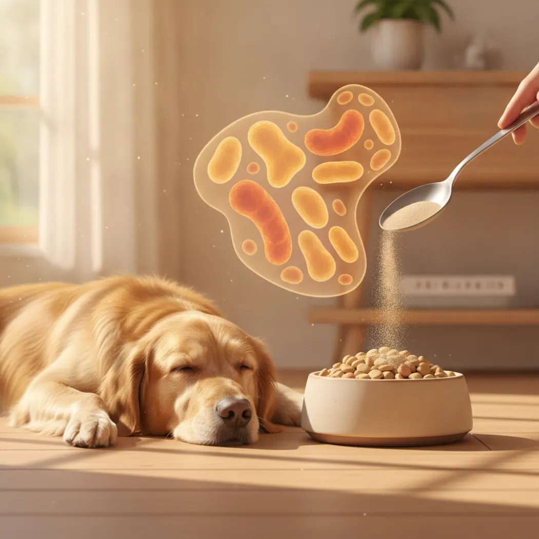 Flore intestinale du chien et poudre probiotique Peticare saupoudrée sur des croquettes