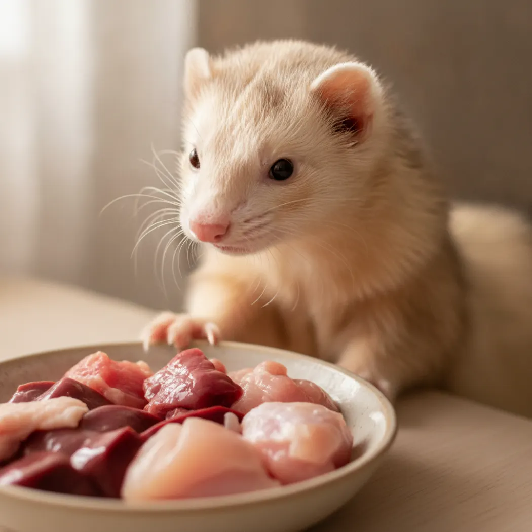 Furet carnivore strict devant de la viande crue de volaille