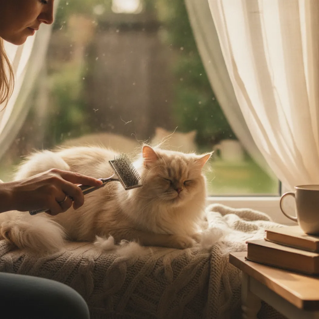 Brossage d'un chat à poils longs, première prévention des boules de poils avant la pâte au malt Savorial