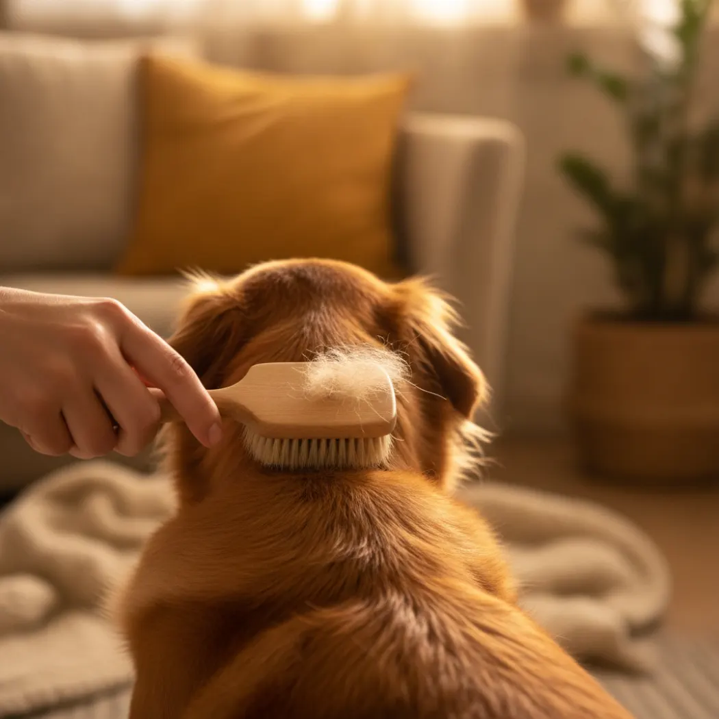 Brossage du pelage brillant d'un chien en période de mue, illustrant l'action peau et poil du Sofcanis Adulte