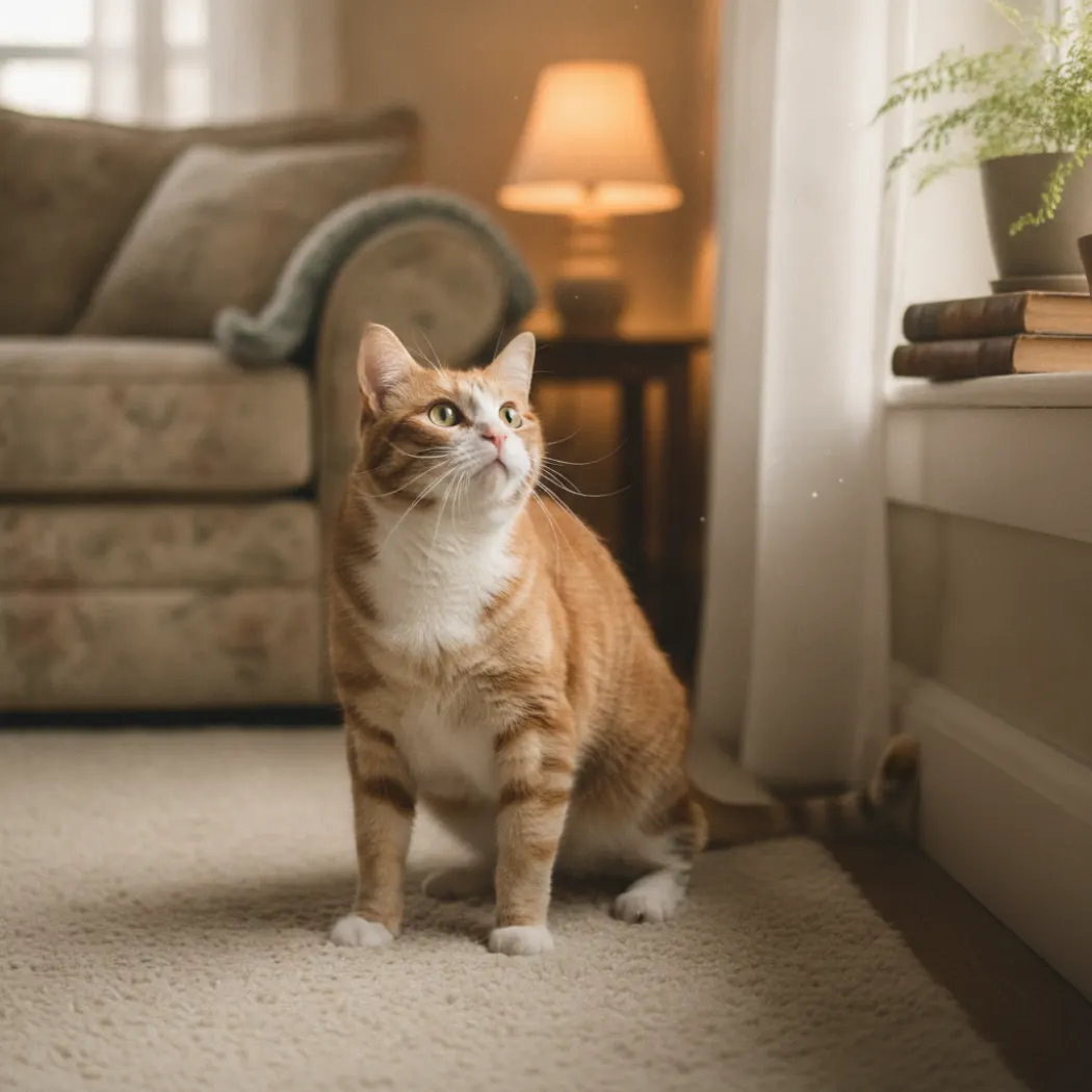 Chat âgé hésitant à sauter en hauteur, signe discret d'arthrose féline et de douleur articulaire