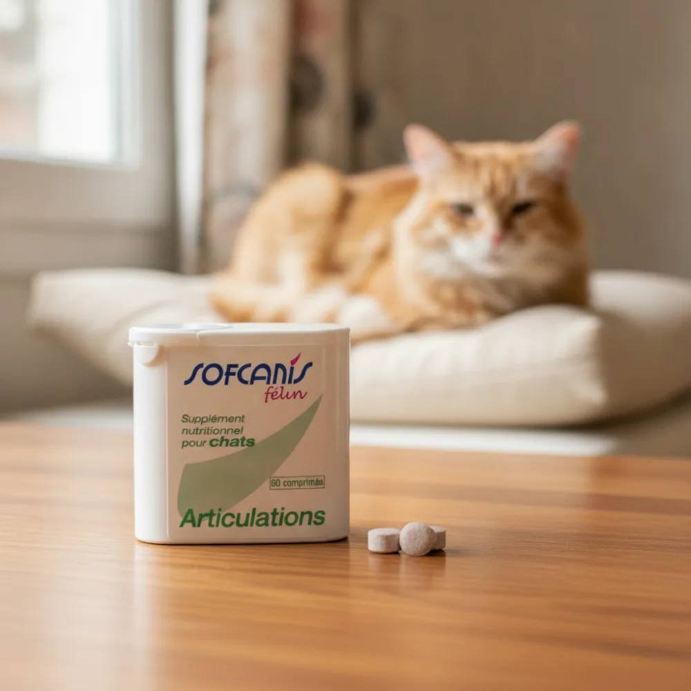 Boîte de Sofcanis Félin Articulations pour chat posée sur une table avec un chat senior au repos