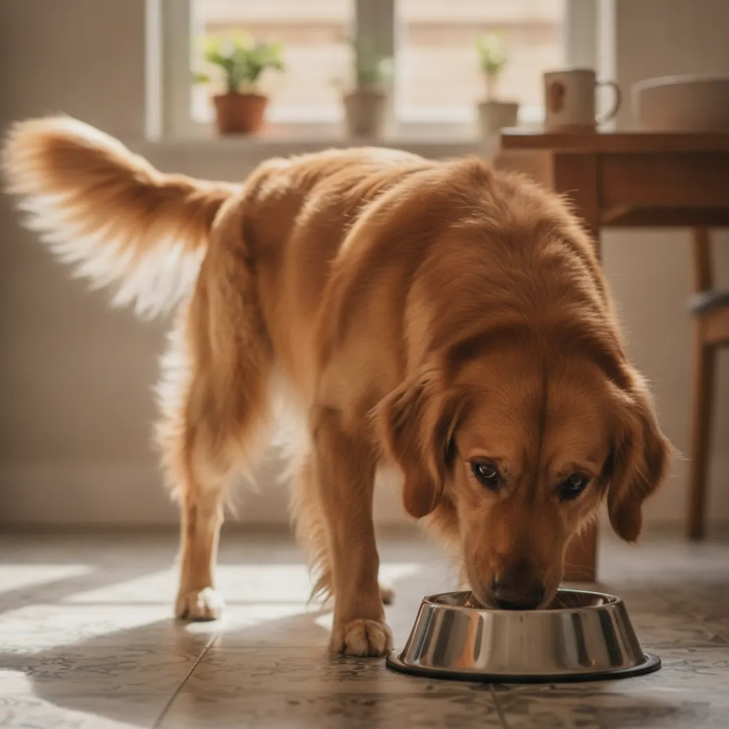 Chien qui remange avec appétit dans sa gamelle, illustrant la récupération après correction d'une carence en B12
