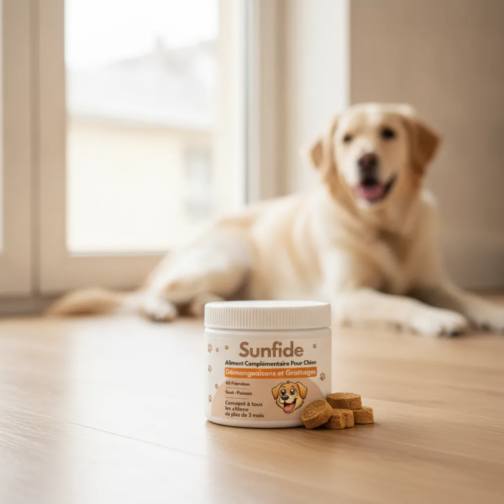 Pot de Sunfide anti-démangeaisons pour chien avec friandises au poisson, posé au sol près d'un chien