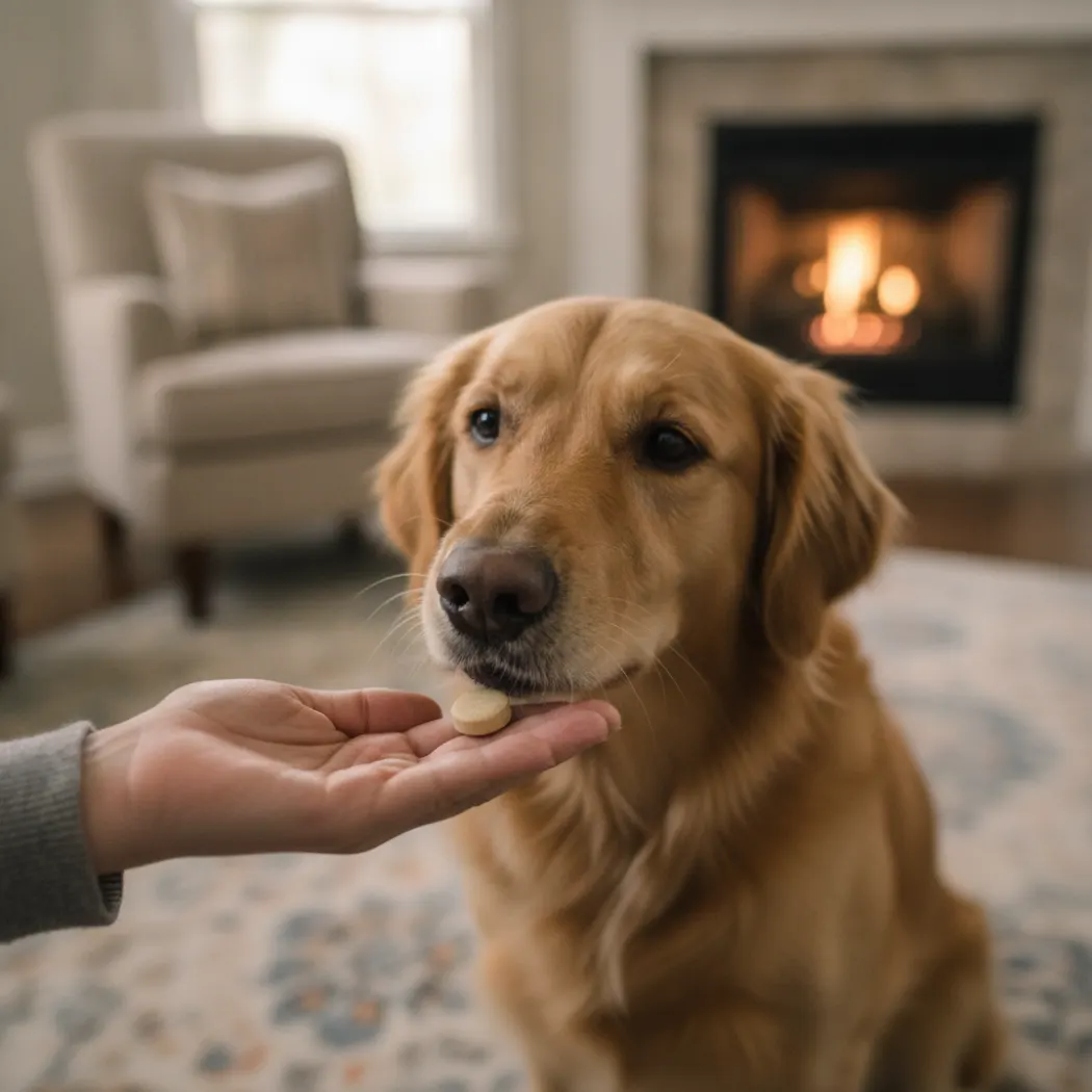 Main donnant un comprimé appétent de Telizen à un chien calme, à la maison