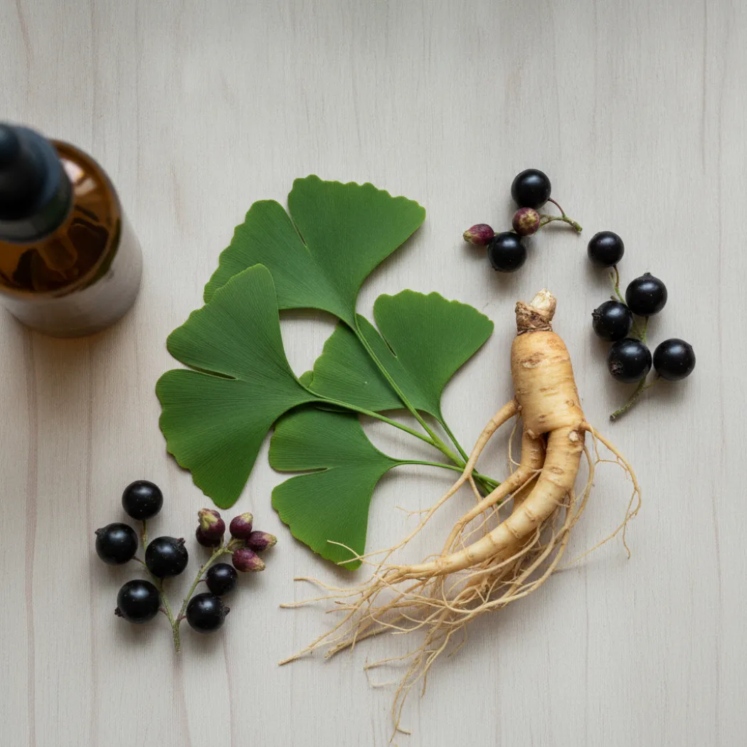 Feuilles de Ginkgo biloba, racine de ginseng et bourgeons de cassis, les plantes du Tilou Phyto Senior
