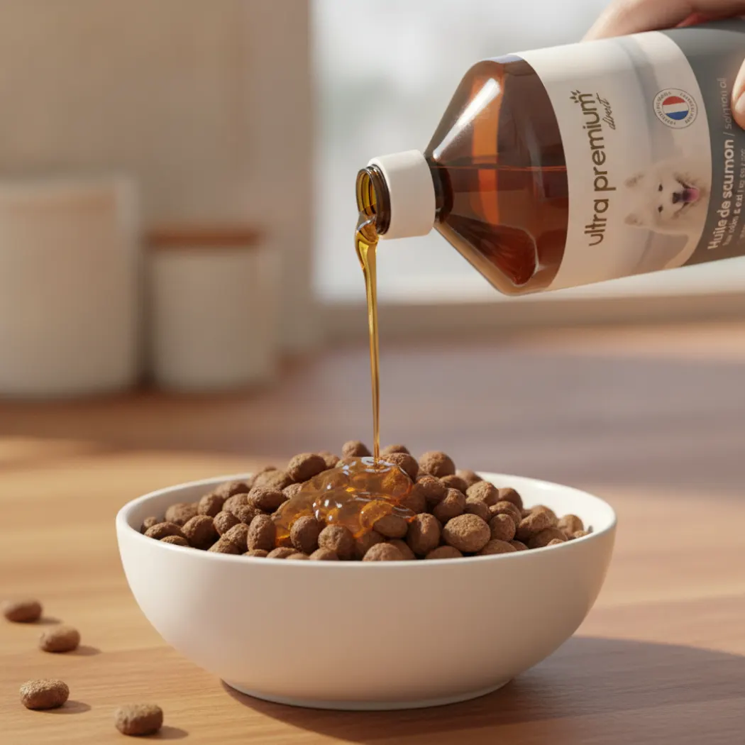 Huile de saumon Ultra Premium Direct versée sur une gamelle de croquettes pour chien