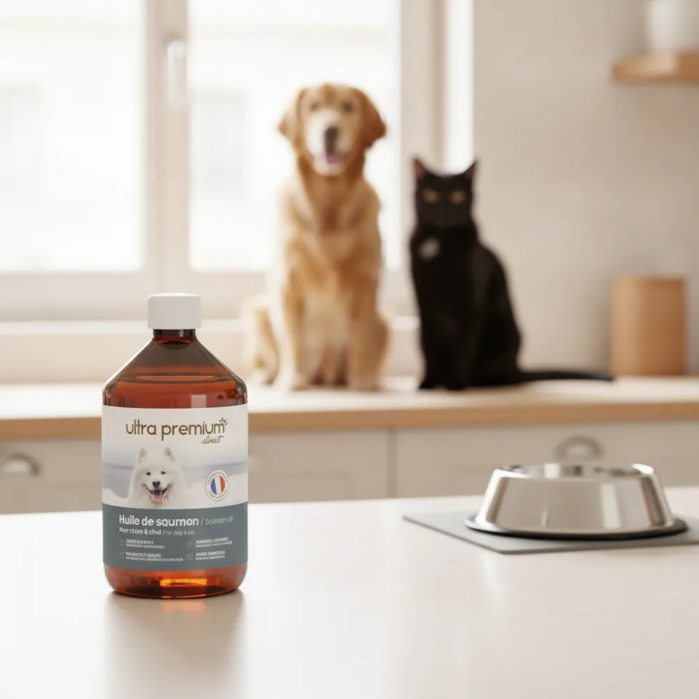 Flacon d'huile de saumon Ultra Premium Direct pour chien et chat posé sur un plan de travail près d'un chien et d'un chat au pelage brillant