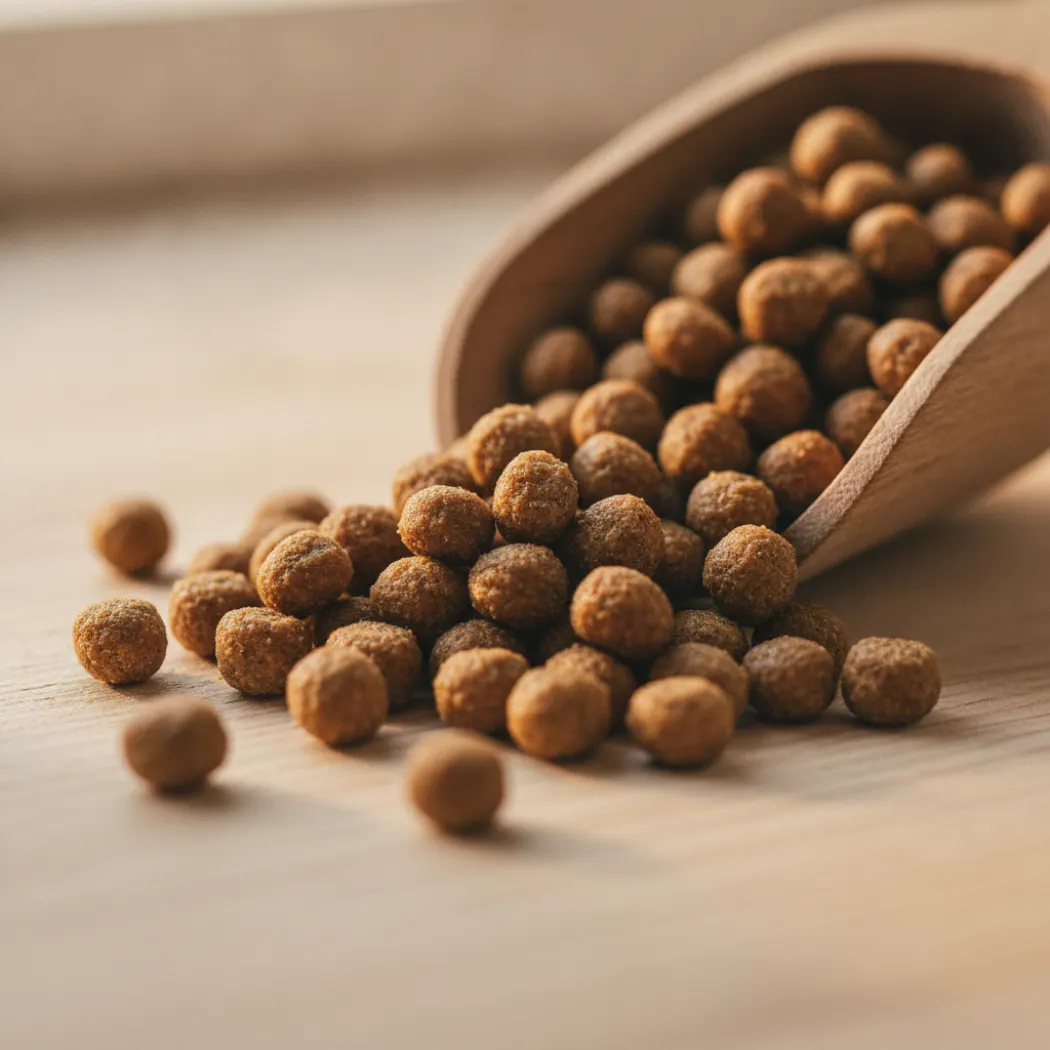 Gros plan des pellets Versele-Laga Crispy Pellets Ferrets pour furet, texture extrudée brune