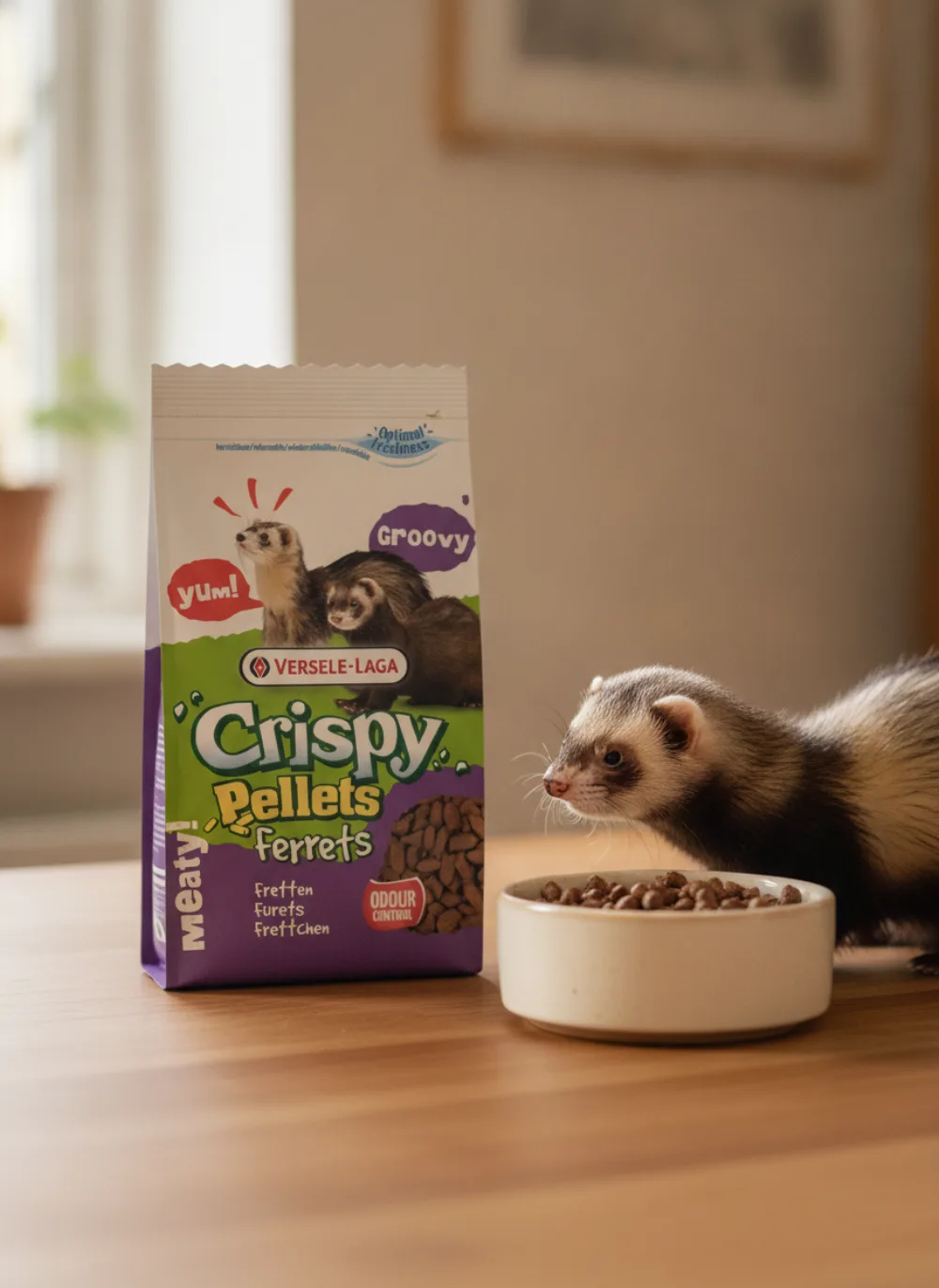 Sac de croquettes Versele-Laga Crispy Pellets Ferrets pour furet posé près d'une gamelle de pellets