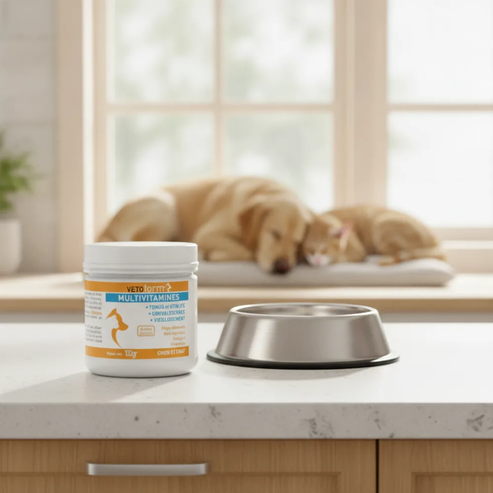 Pot de Vetoform Multivitamines pour chien et chat posé sur un plan de travail près d'un chien et d'un chat