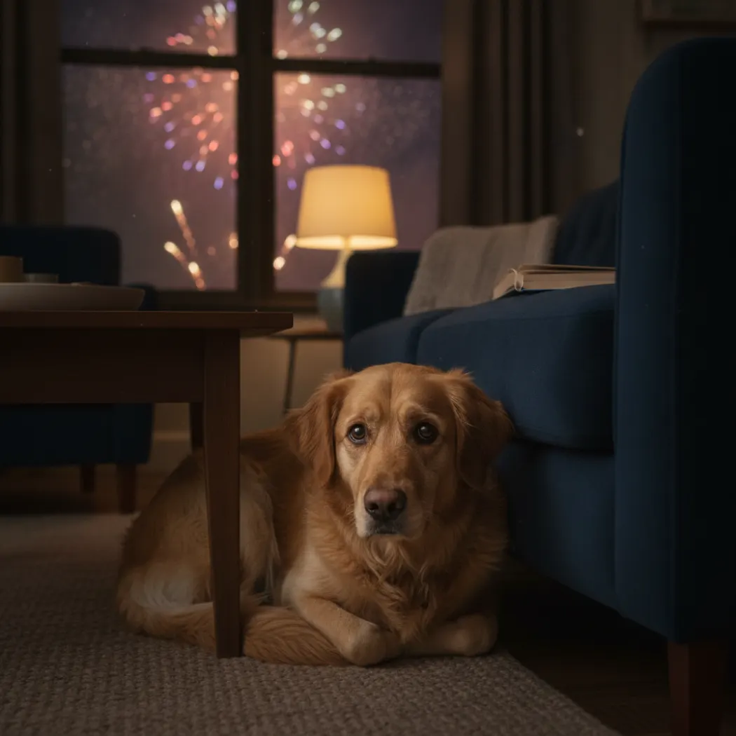 Chien effrayé caché pendant des feux d'artifice, situation de stress ponctuel ciblée par l'Anxitane