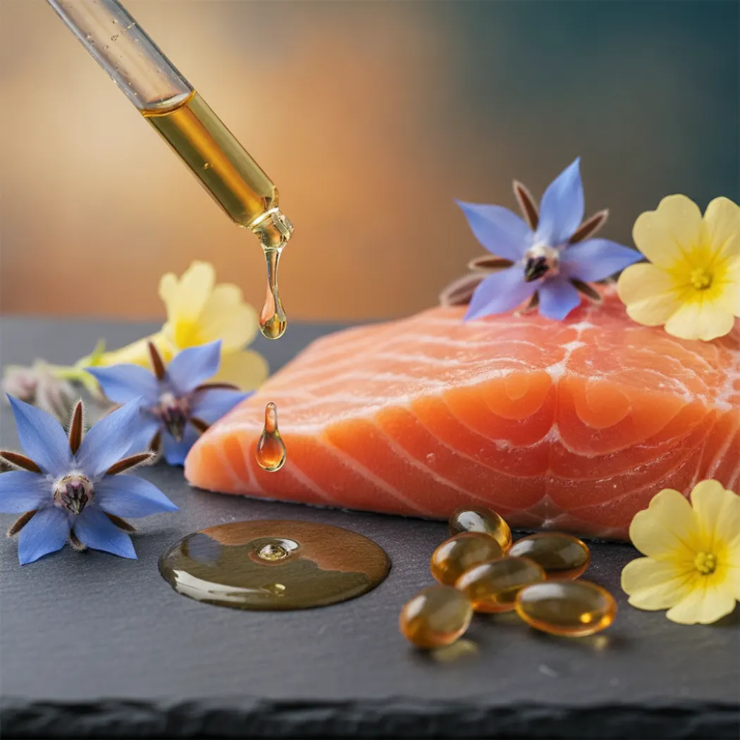 Sources d'acides gras essentiels du Megaderm : huile dorée, saumon riche en oméga-3 EPA et DHA, fleurs de bourrache et d'onagre pour le GLA et capsules d'huile de poisson