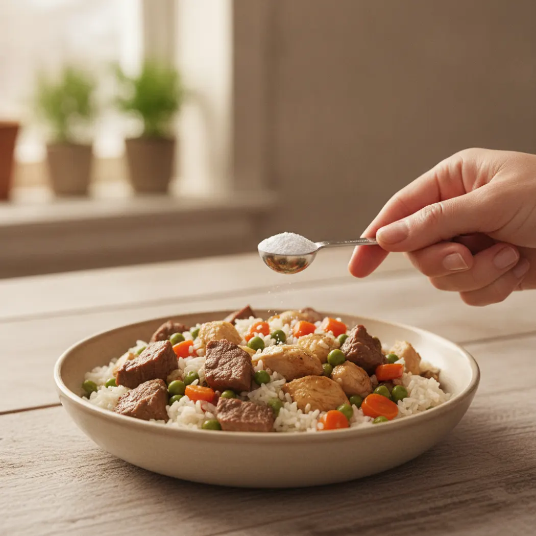 Complément Vit'i5 dosé à la cuillère au-dessus d'une ration ménagère maison pour chien (viande, riz, légumes)