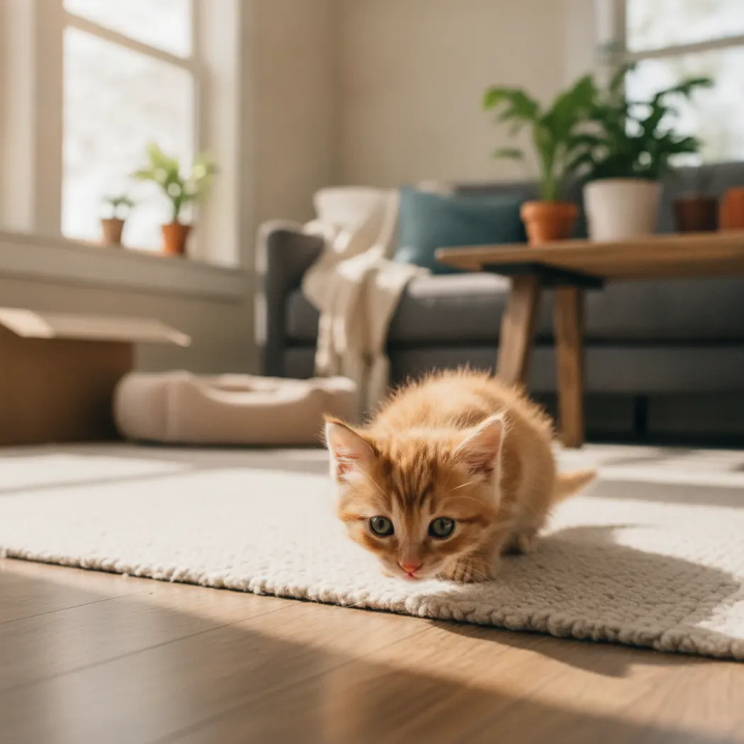 Chaton découvrant prudemment son nouveau foyer, situation d'adoption où le Zylkène est souvent utilisé