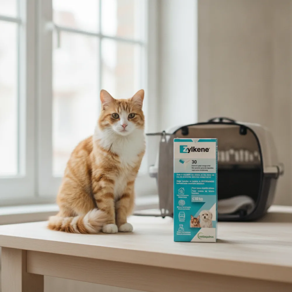 Boîte de Zylkène Vetoquinol anti-stress à l'alpha-casozépine posée près d'un chat serein et d'une caisse de transport